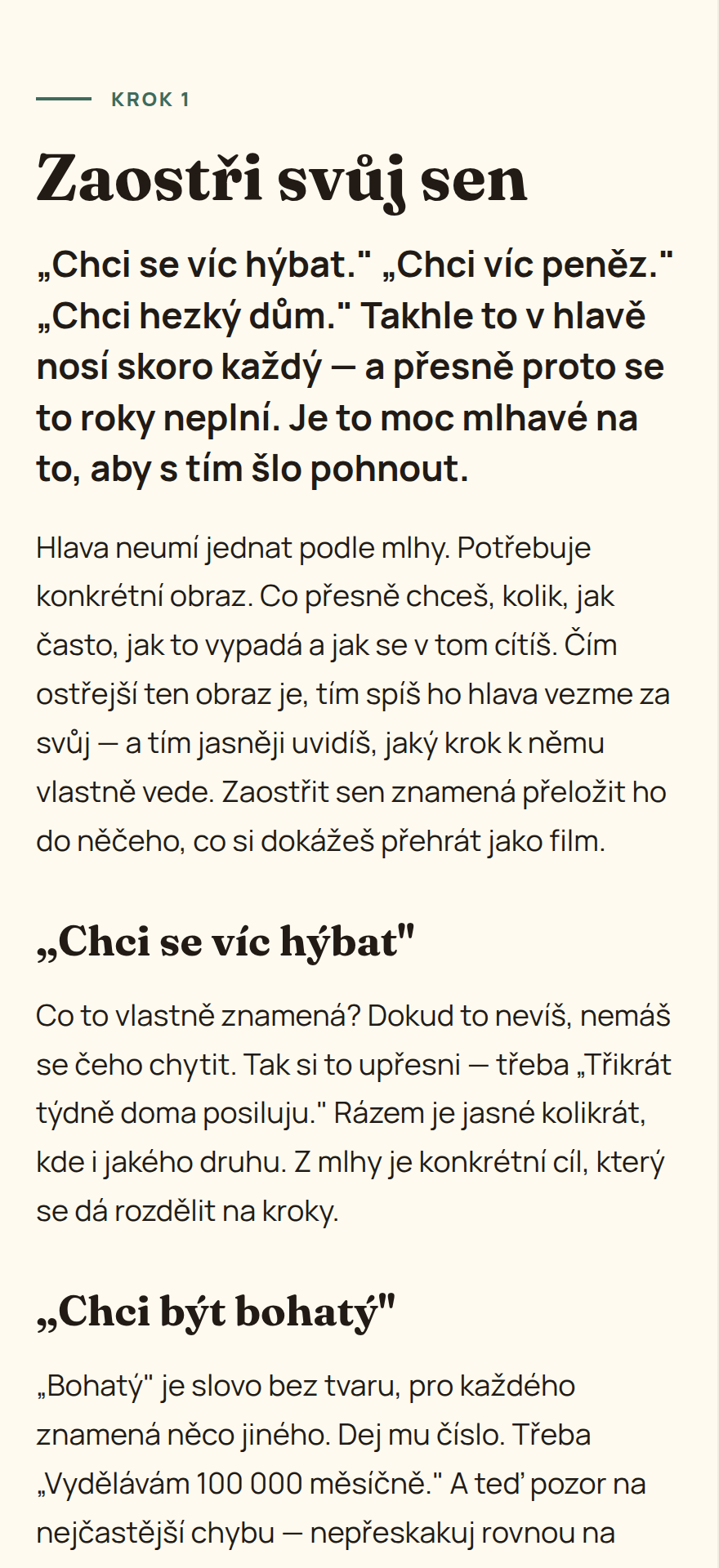 Stránka průvodce Krok 1 — Zaostři svůj sen do konkrétního cíle.