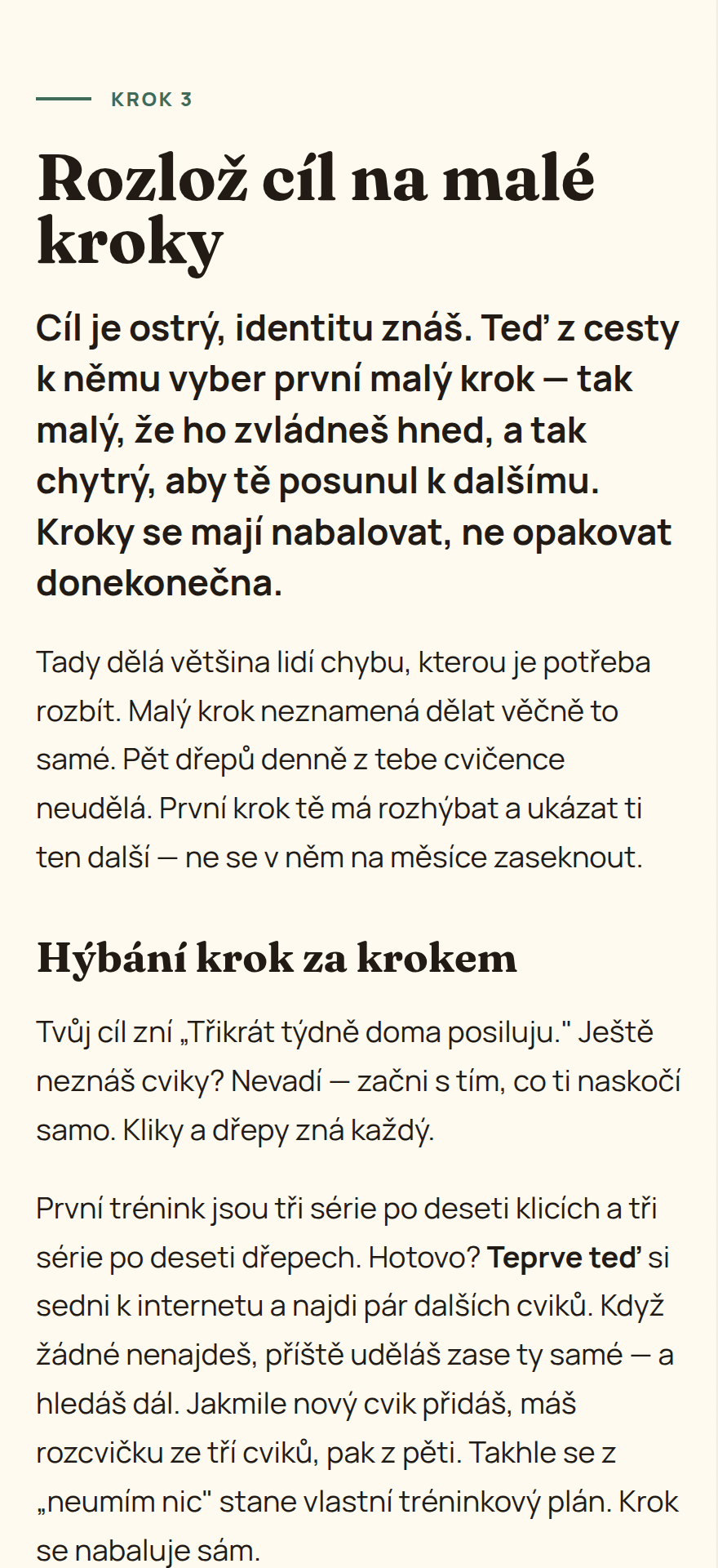 Stránka průvodce Krok 3 — Rozlož cíl na malé kroky, na příkladu s domácím cvičením.