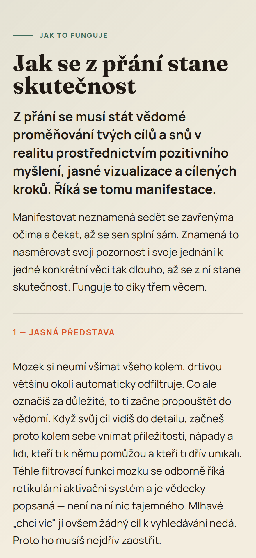 Stránka průvodce vysvětlující, jak se z přání stane skutečnost — jasná představa, nová identita a akce.