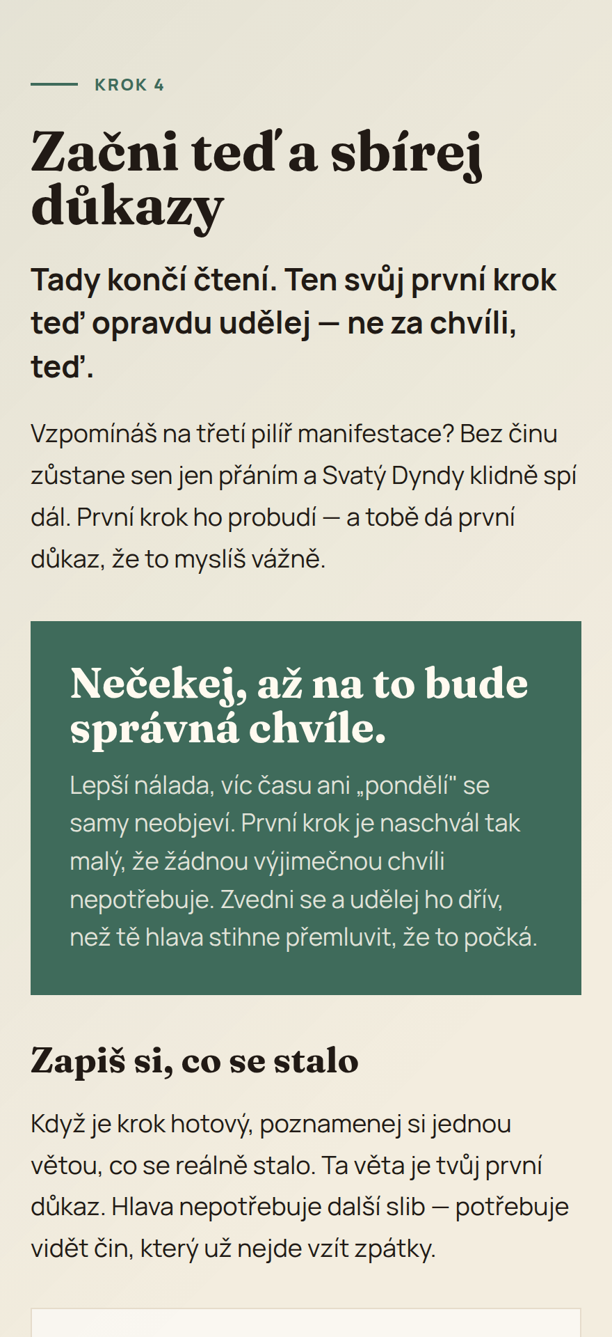 Stránka průvodce s pracovním listem — cíl, afirmace, první krok a důkaz.